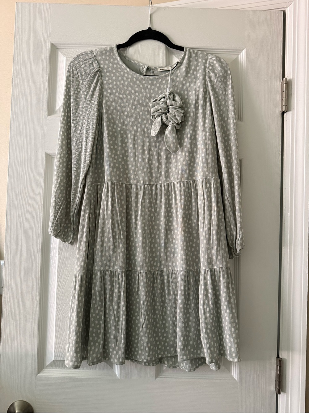 Abercrombie & Fitch Sage Green Polka Dot Tiered Dress with Bow